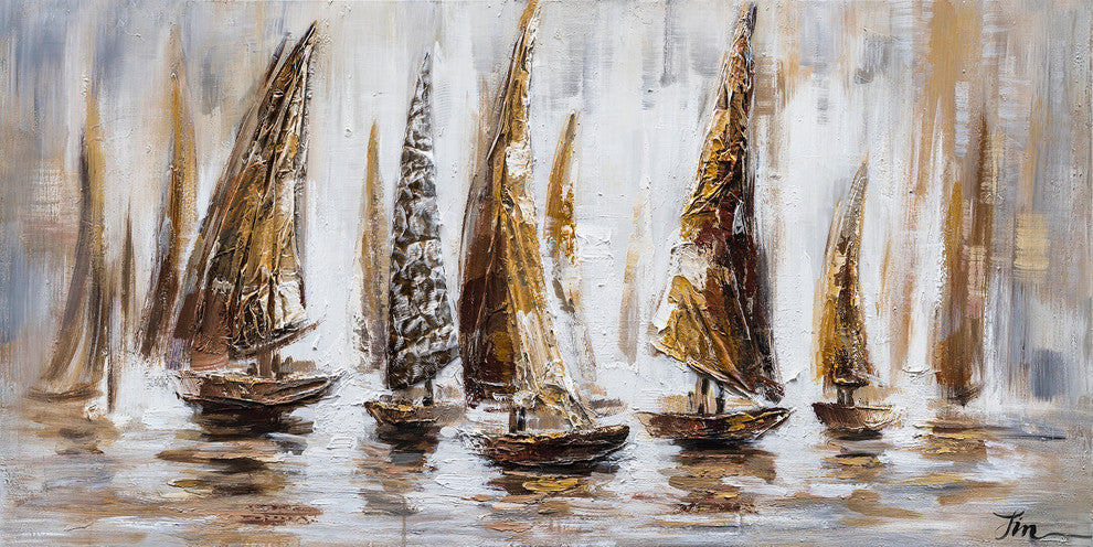 "Gold Sail Boats" Hand Painted Canvas Art, 55"x27.5" - Wrapped Canvas Painting