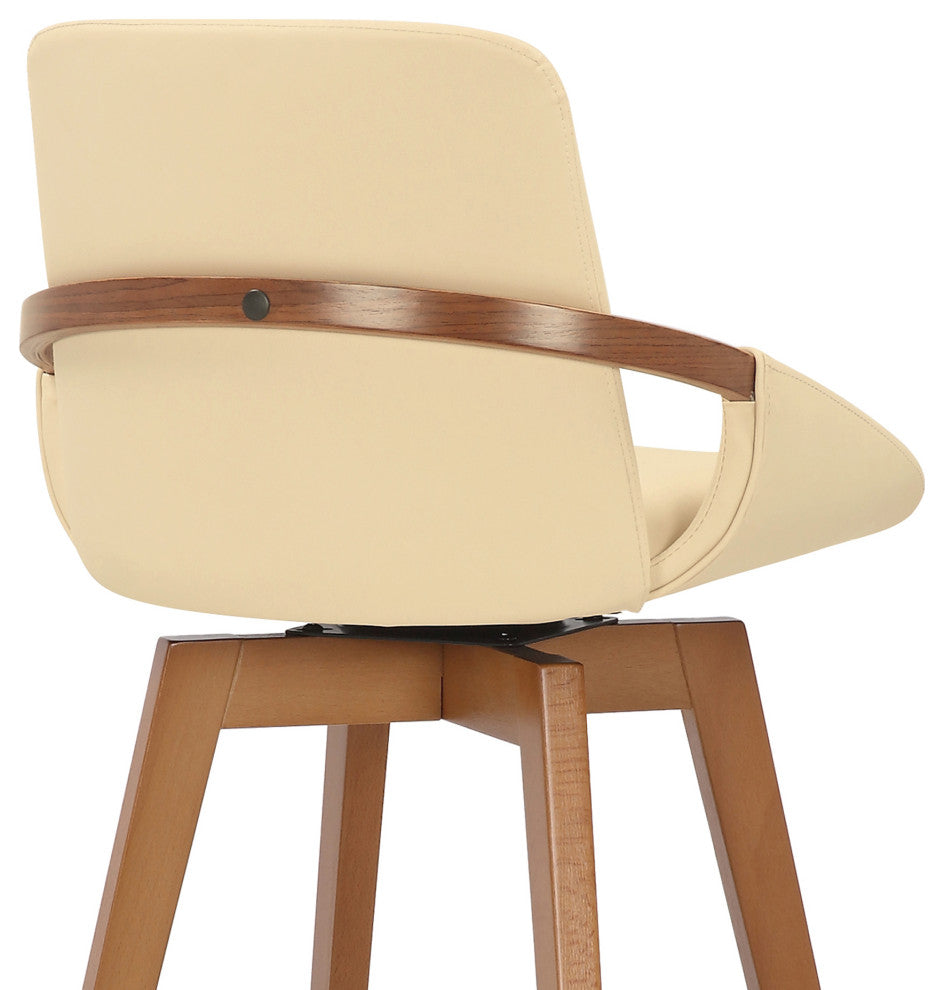 Baylor Swivel Wood Stool, Faux Leather, Cream/Walnut, 26" Counter Height