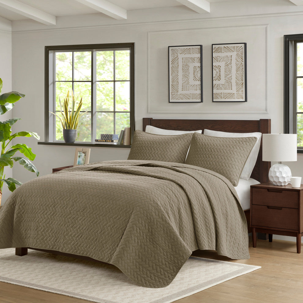 Hampton Hill Velvet Touch Herringbone Oversize 3-Piece Coverlet, Brown, Queen