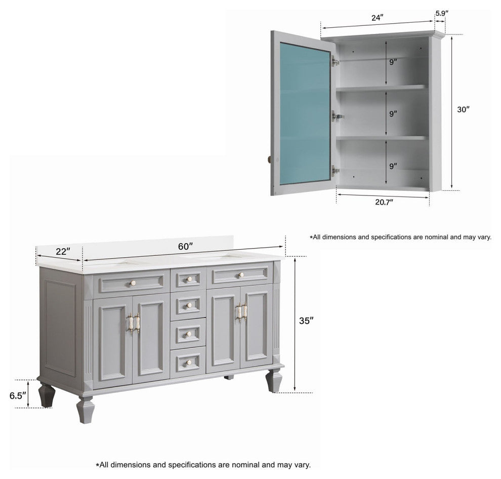 60 In Bath Vanity Set with 2 Mirror Cabinets, Quartz Top, 2 cUPC Certified Sinks, Titanium Grey