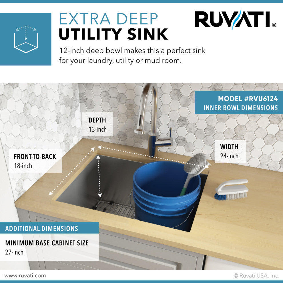 24-inch Deep Laundry Utility Sink Undermount 16 Gauge Stainless Steel - RVU6124