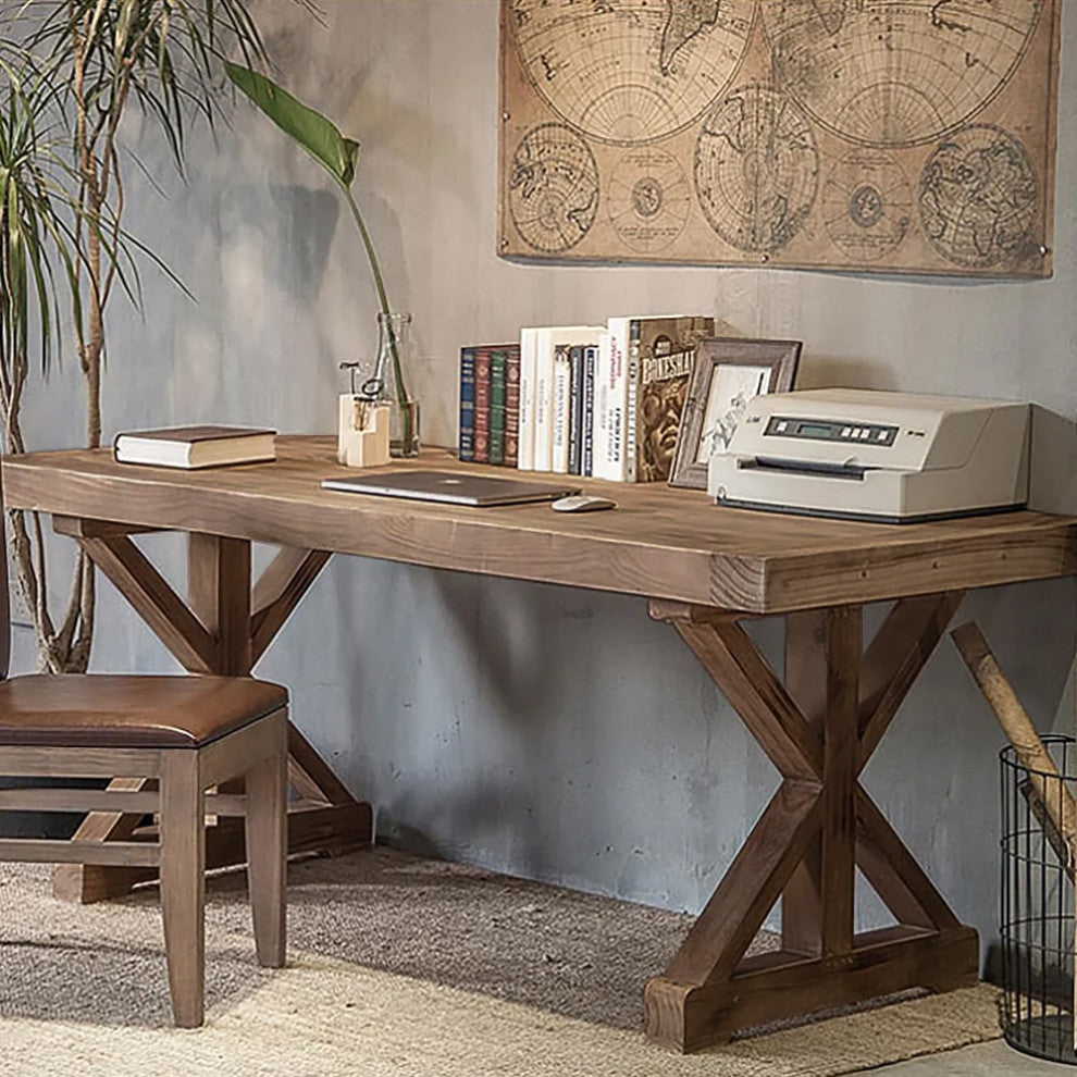 Rustic Farmhouse Wooden Office Desk, Natural With Trestle