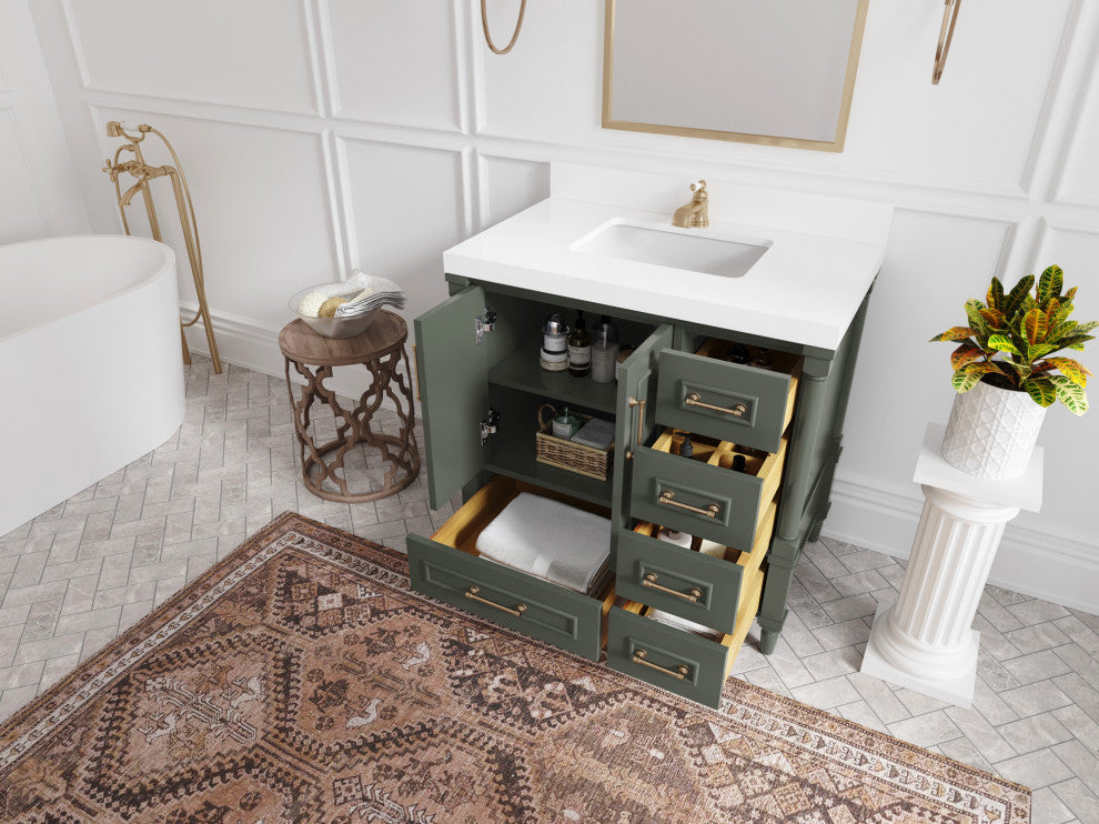 Aberdeen 36 Center Sink Bath Vanity in Pewter Green 1.5" Empira Quartz