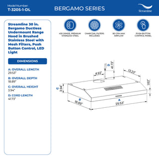Streamline 30" Bergamo Ductless Undermount Range Hood, Stainless Steel