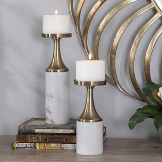 Minimalist Gold Brass White Marble Candle Holders 2-Piece Set