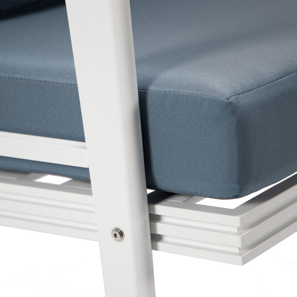 Leisuremod Walbrooke Patio Loveseat With White Aluminum Frame, Navy Blue