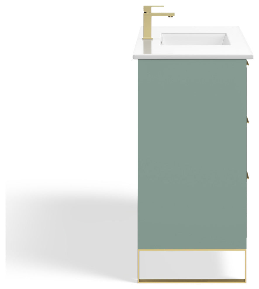 Bradford Bath Vanity, Green, 48", Satin Brass Hardware, Single Sink, Freestanding