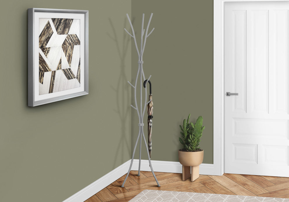 Coat Rack, Hall Tree, Free Standing, 11 Hooks, Entryway, 74"H, Metal, Grey