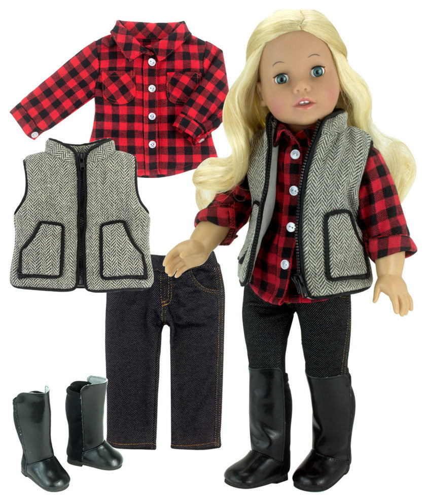 18" Doll Shirt Jeggings Vest and Boots Set