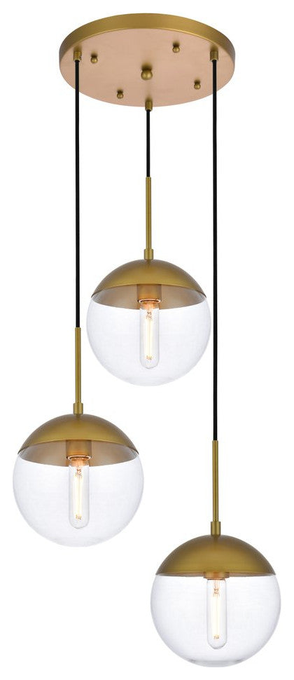 Midcentury Modern Brass And Clear 3-Light Pendant