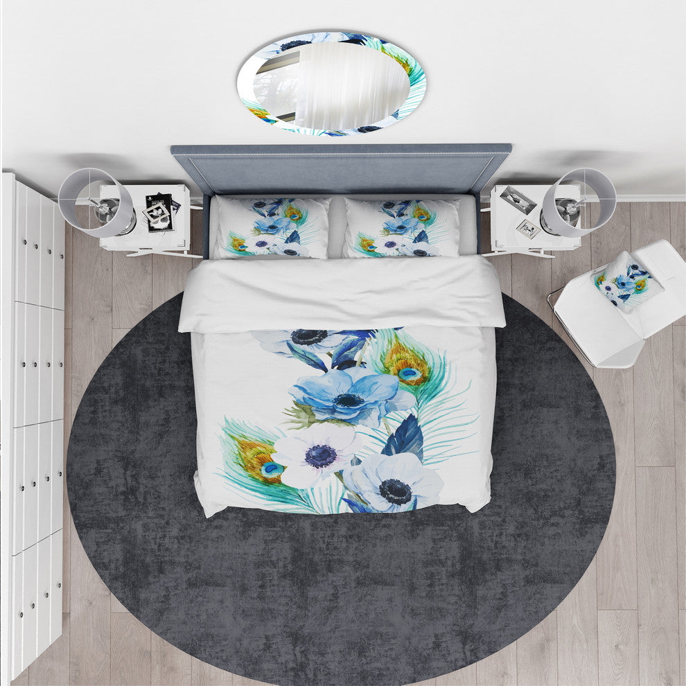 Handpainted Anemones and Peacock Feathers Floral Duvet Cover, King