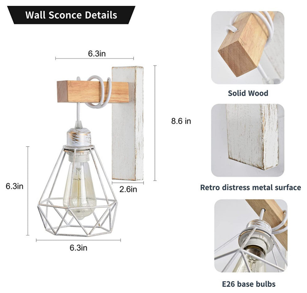 White cage Wall Lights Farmhouse wood Vintage Wall Mount Light Fixture