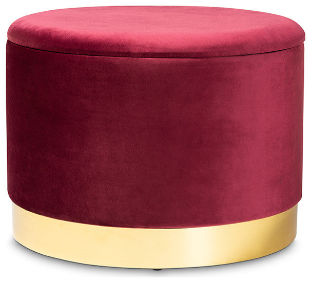 Marisa Glam and Luxe Red Velvet Fabric Upholstered Gold Finished Storage Ottoman