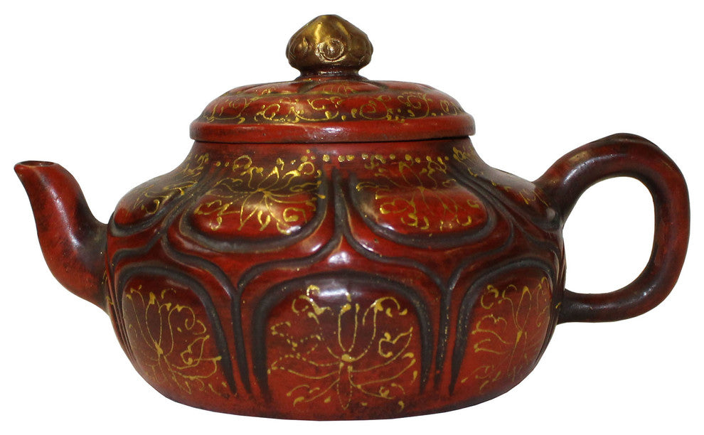 Chinese Zisha Clay Brown Golden Scenery Teapot Display