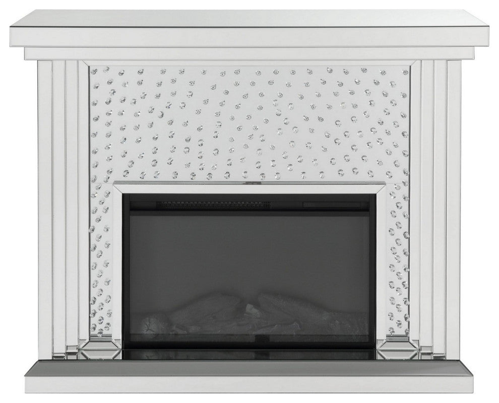 Benzara BM185925 Wooden Electric Fireplace With Remote Controller, Silver