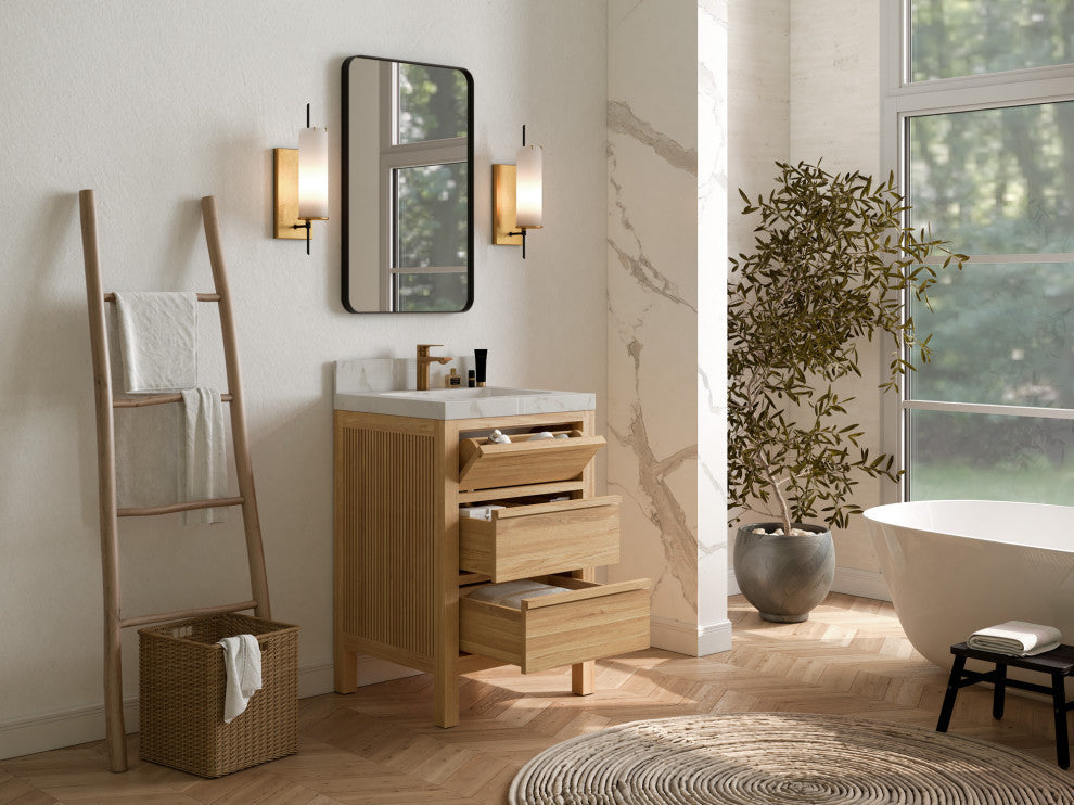 Elizabeth 24 Single Sink Bath Vanity in Light Natural Teak 2" Carrara Quartz