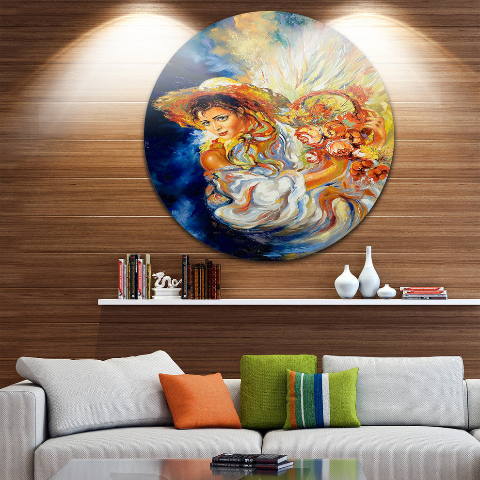 Girl With Flowers, Floral Round Metal Wall Art, 36"
