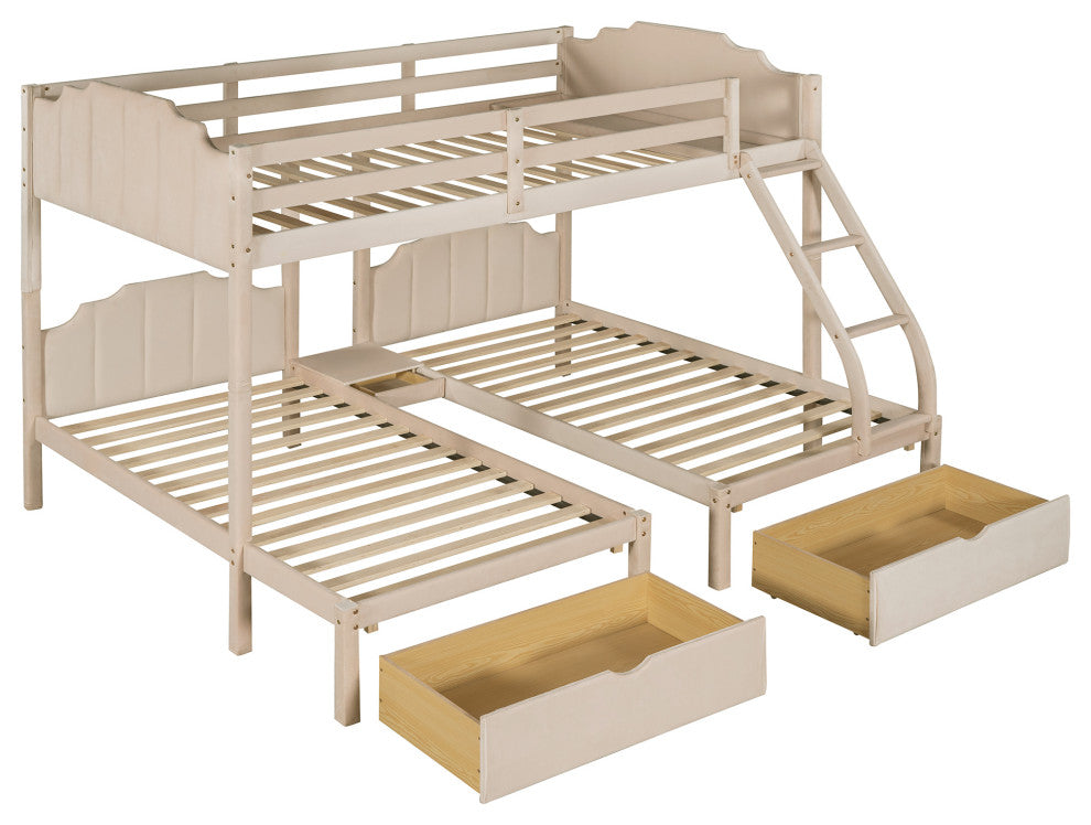 Gewnee Velvet Full Over Twin Triple Bunk Bed with Drawers in Beige