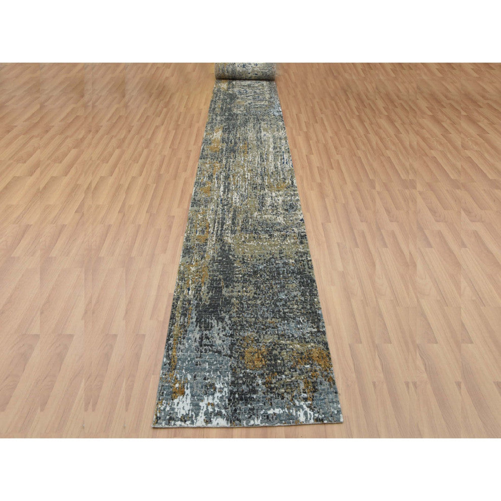 Battleship Gray, Wool Hand Knotted, Abstract Design XL Runner Rug, 2'5"x19'10"