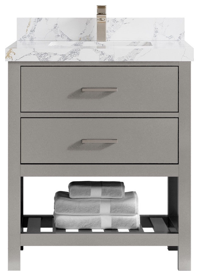 Parker 30" Single Sink Bath Vanity, Elephant Skin Gray 2" Calacatta Poanazzo
