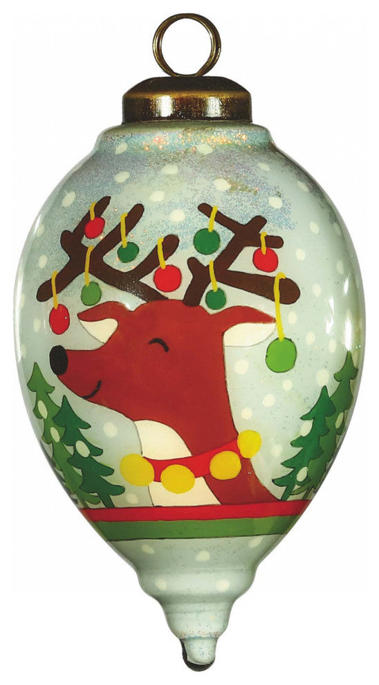 Festive Glitter Reindeer with Lights Hand Painted Mouth Blown Glass Ornament
