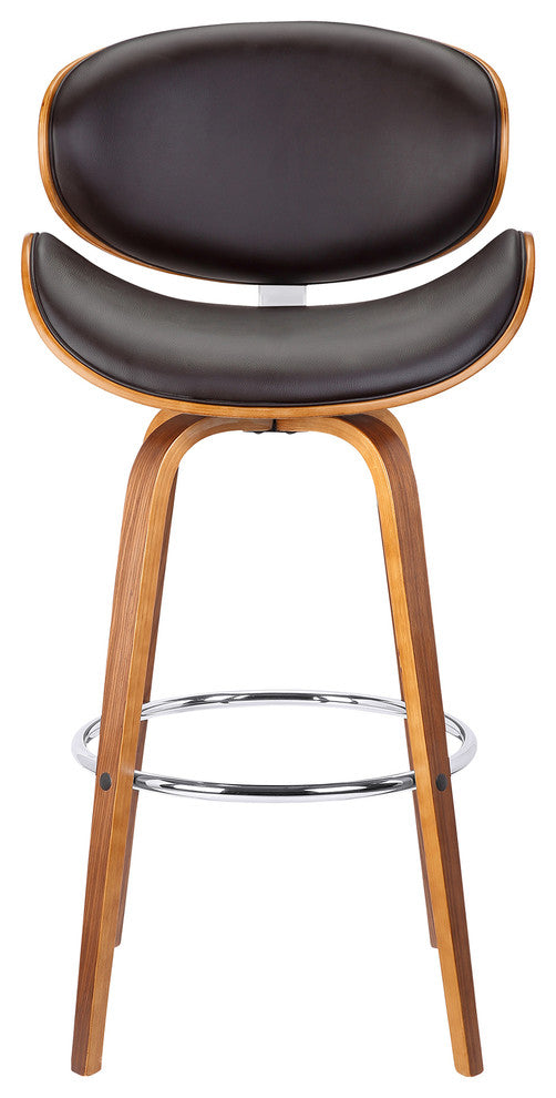 Benton 26" Mid-Century Swivel Counter Stool, Brown Faux Leather, Wooden Legs