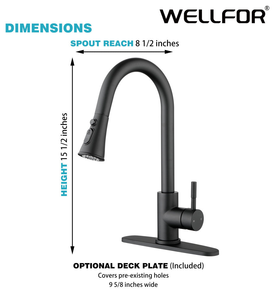 Wellfor Stainless Steel Kitchen Sink Faucet with Pull Down Spray, Matte Black