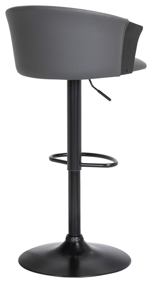 Lydia Adjustable Black Wood Bar Stool, Gray Faux Leather With Black Metal