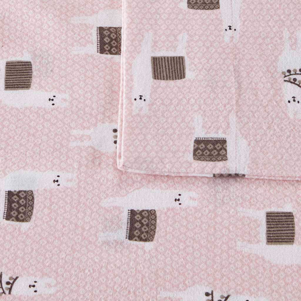 Intelligent Design Cozy Soft Cotton Flannel Printed Sheet Set, Pink Llamas