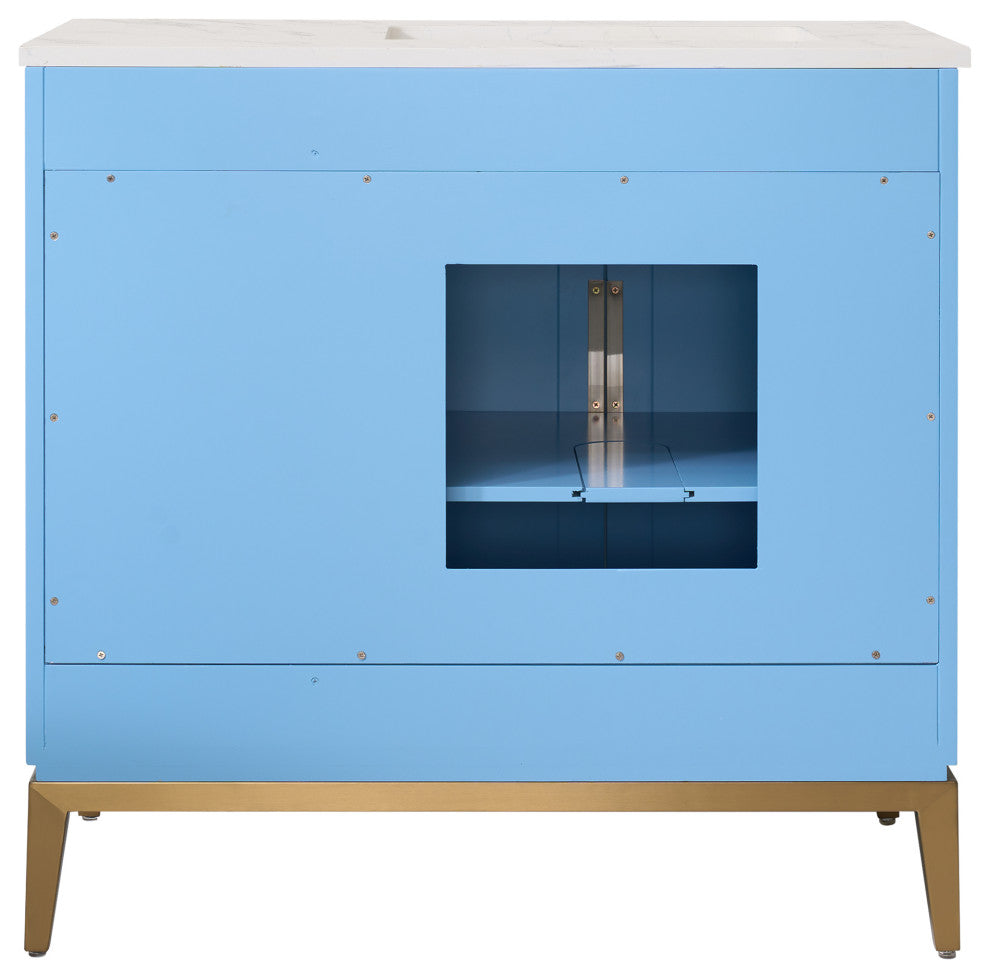 Alison Freestanding Bathroom Vanity with Italian Carrara White Marble Top, Light Blue, 36"