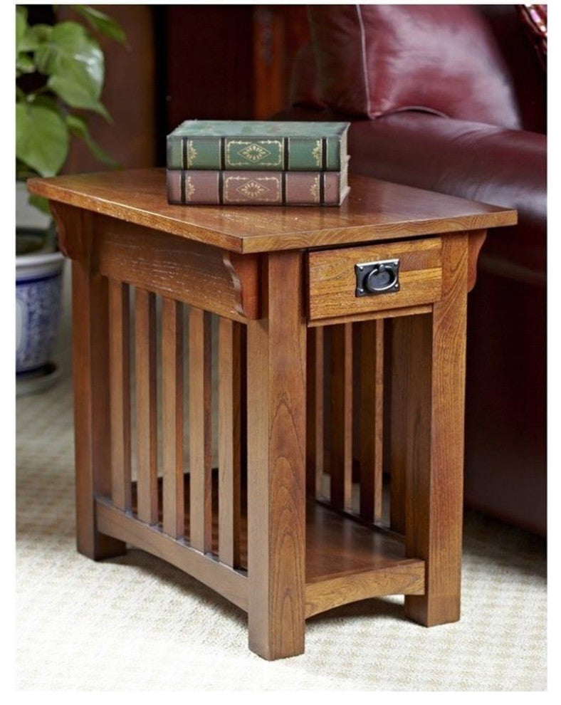 Catania Oak Finish Chairside Table with Storage Drawer and Shelf