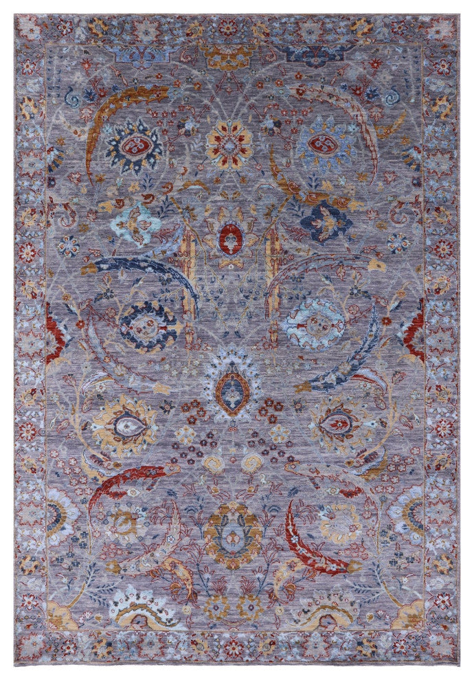 Sickle Leaf Design Persian Wool and Silk Hand Knotted Rug 6' 3" X 9' 3" Q6075