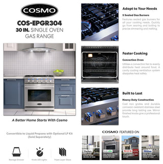 30" Freestanding Range with 5 Gas Sealed Burners & Convection Oven