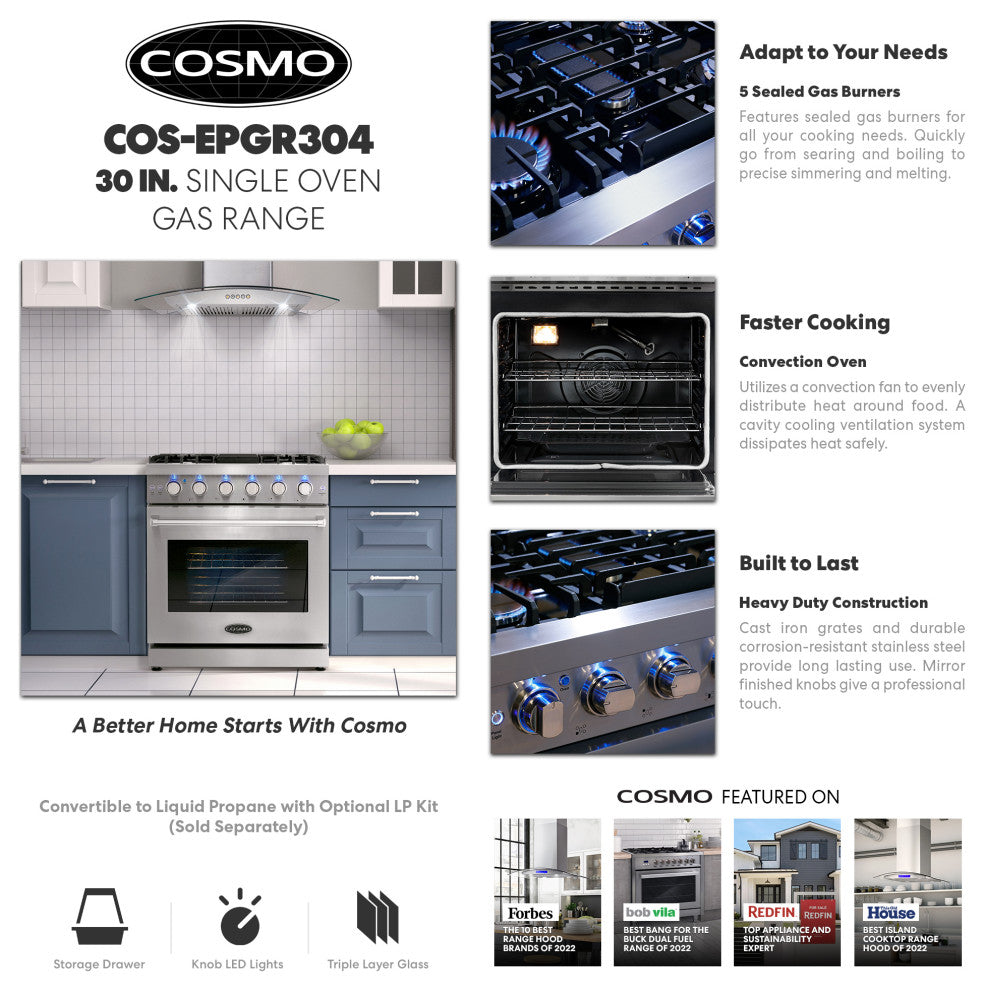 30" Freestanding Range with 5 Gas Sealed Burners & Convection Oven