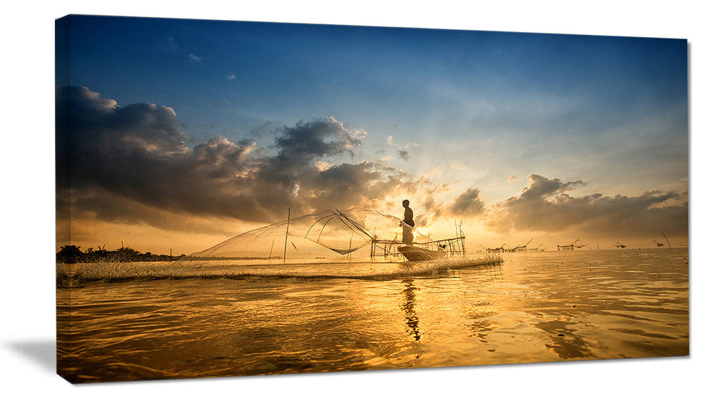 Pakpra with Fisherman at Sunrise, Landscape Canvas Art Print, 32"x16"