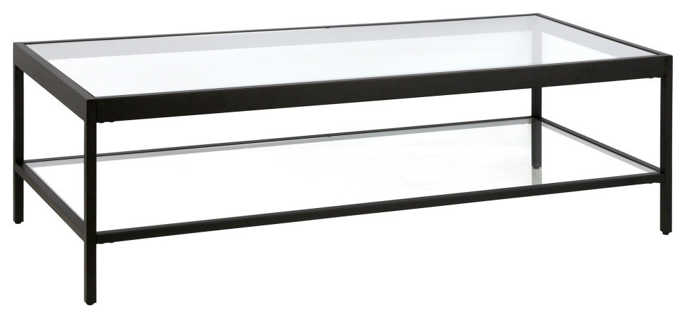 54" Clear And Black Glass And Steel Coffee Table With Shelf