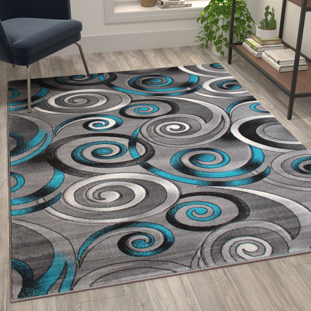 Masie Collection Swirl Olefin Area Rug, Turquoise, 5' X 7'