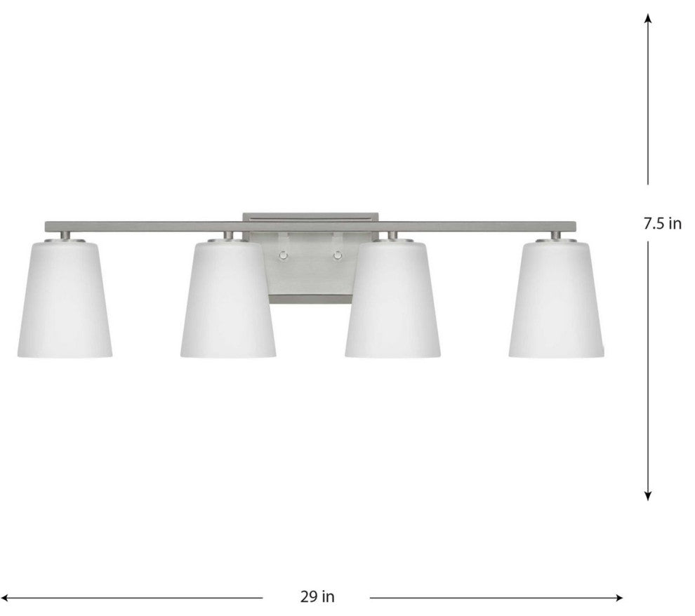 Vertex Collection Four-Light Brushed Nickel Etched White Glass Bath Light