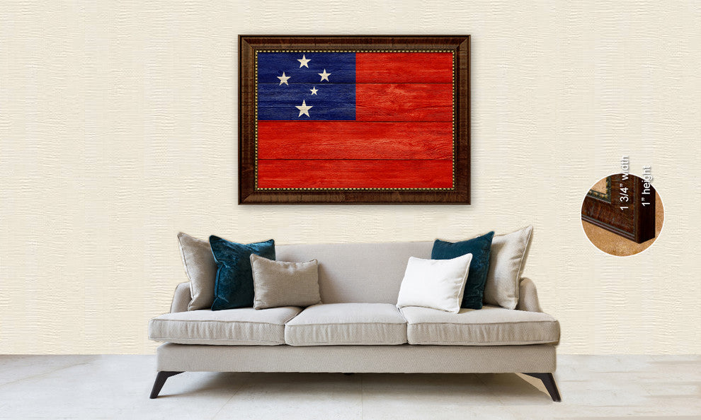 Western Samoa Yemen Country Textured Flag Print, Brown Gold Frame, 15"X21"
