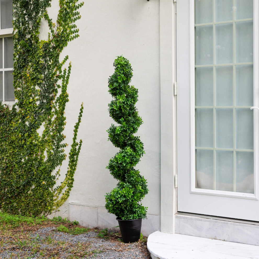 5ft. UV Resistant Boxwood Spiral Topiary Faux Tree, Planter, Indoor/Outdoor