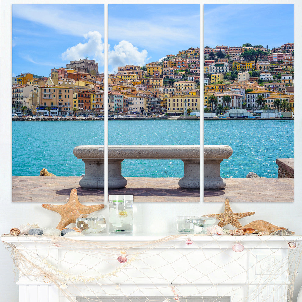 "Seafront Bench in Port Santo Stefano" Metal Wall Art, 3 Panels, 36"x28"
