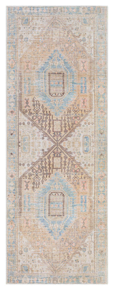 Hauteloom Light Brown and Blue Baloy Washable Area Rug, 2'7"x7'3" Runner