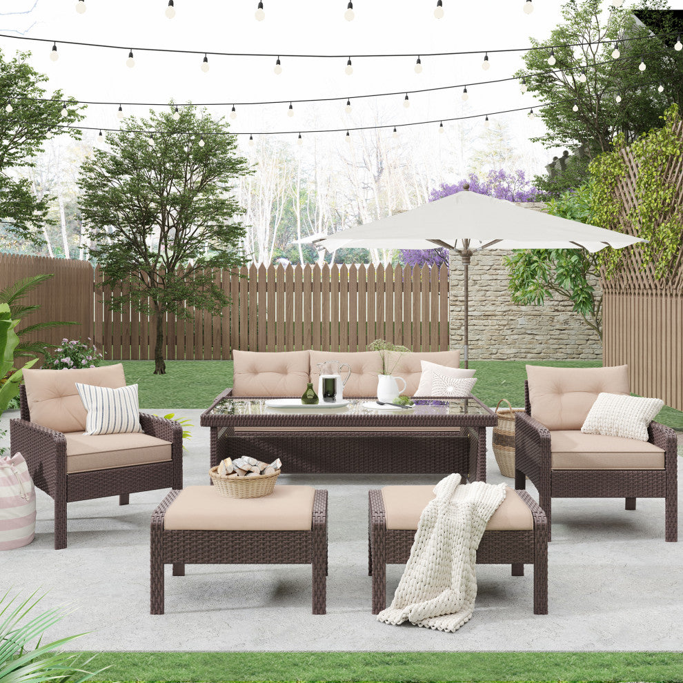 6 Pieces Outdoor Rattan Patio Sectional Sofa Set With Dining Table, Coffee
