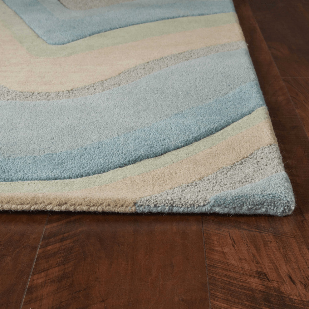5'X8' Ocean Blue Beige Hand Tufted Abstract Waves Indoor Area Rug