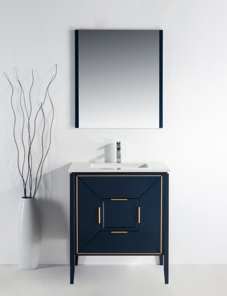 Vetro 30" Vanity With Quartz Counter Top, Gloss White, Navy Blue