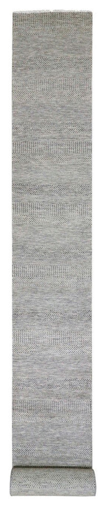 Light Gray Undyed 100% Wool Grass Design Hand Knotted XL Runner Rug 2'5"x24'3"