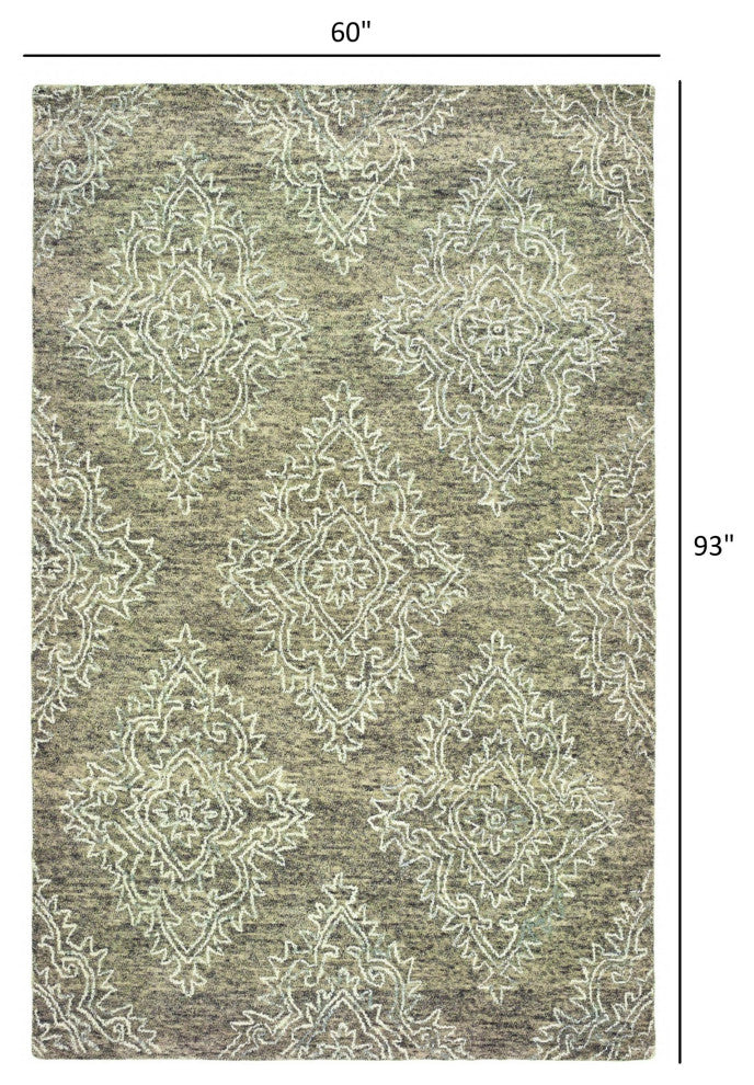 5" x 8" Khaki and White Damask Area Rug