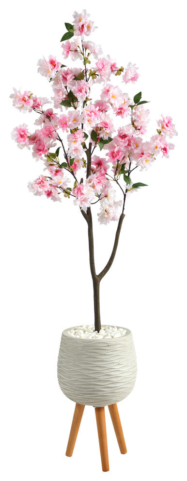 63" Cherry Blossom Artificial Tree, White Planter With Stand