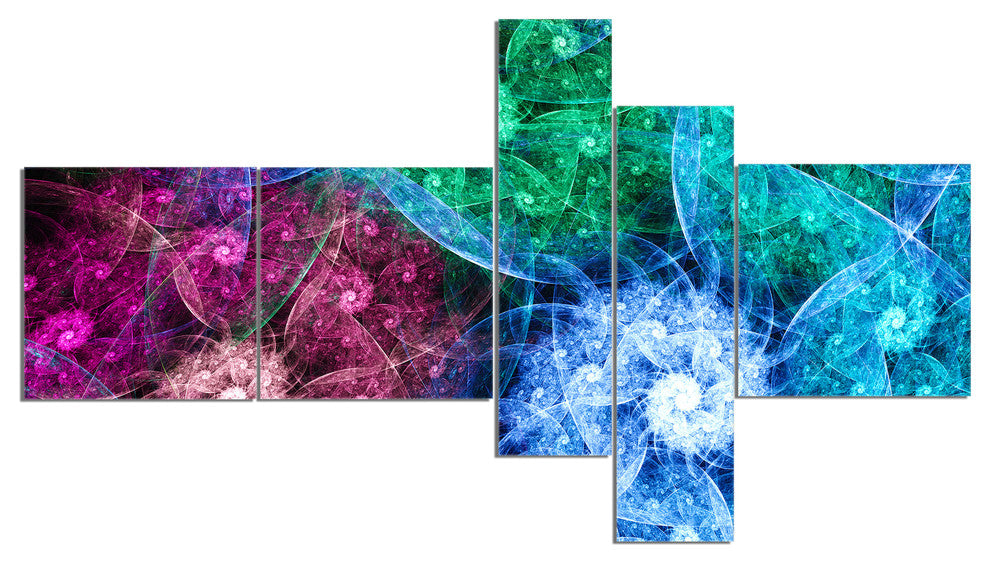 Multi Color Bright Exotic Flowers, Abstract Wall Art Canvas, 60"x32", 5 panels