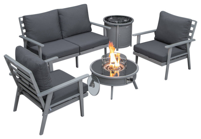 LeisureMod Walbrooke Patio Sofa Set With Round Fire Pit Table, Charcoal